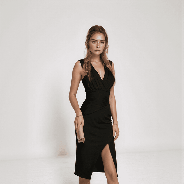 Elira Pleated V-Neck Midi Dress
