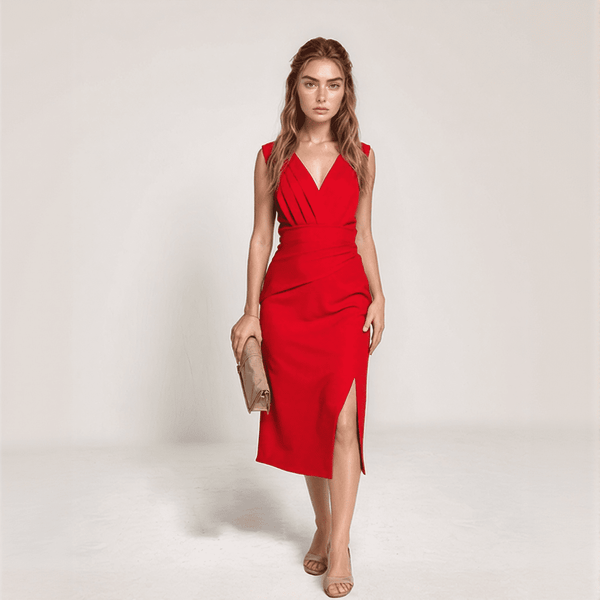 Elira Pleated V-Neck Midi Dress