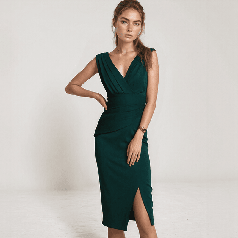 Elira Pleated V-Neck Midi Dress